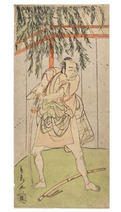 Színész (férfi) kivont kardra támaszkodva, hüvelyben a földön, 1768-1770 körül (fatömbnyomat papíron)