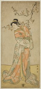 Ichikawa Ebizo (V. Danjuro) színész mint Iwafuji várandós hölgy a Gozen-gakari Sumo Soga című darabban, amelyet a Kawarazaki Színházban adtak elő az első hónapban, 1793 () alkotó: Katsukawa Shun