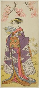 Ichikawa Komazo II. színész mint Shiragiku úrnő szelleme a Hatsu Midori Saiwai Soga című darabban, amelyet a Kawarazaki Színházban adtak elő 1791 harmadik hónapjában. alkotó: Katsukawa Shun