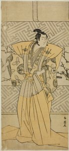 Iwai Hanshiro IV. színész mint Soga no Goro Tokimune a Koi no Yosuga Kanegaki Soga című darabban, amelyet az Ichimura Színházban adtak elő az első hónapban, 1789-ben. alkotó: Katsukawa Shun