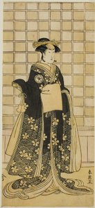Iwai Kiyotaro II. színész mint Itohagi úrnő () a Genji Saiko Kogane Tachibana () című darabban, amelyet az Ichimura Színházban () adtak elő 1788 tizenegyedik hónapjában (). alkotó: Katsukawa Shun