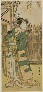 Nakayama Tomisaburo I. színész mint Tokiwa úrnő (Tokiwa Gozen) () a Kimmenuki Genke no Kakutsuba () című darabban, amelyet az Ichimura Színházban () adtak elő 1791 tizenegyedik hónapjában (). alkotó: Katsukawa Shun