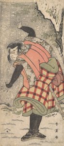 Azonosítatlan színész, mint Kyokaku, aki egy szikla lábánál áll a hóviharban, kb. 1793. alkotó: Katsukawa Shun