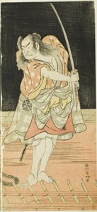 A színészek Nakamura Nakazô I. mint Danshichi Kurobei és Ichikawa Danjűrô V. mint Issun Tokubei az "Oszaka tükre a nyári fesztiválon" ("Natsu Matsuri Naniwa Kagami") című filmben. alkotó: Katsukawa Shunkо̄