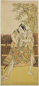 A színész Bando Mitsugoro I mint Ogata no Saburo, Yoroya Takiemon álruhában a Mure Takamatsu Yuki no Shirahata című darabban, amelyet az Ichimura Színházban adtak elő 1780 tizenegyedik hónapjában.
