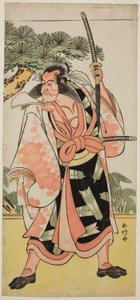 A színész Ichikawa Danjuro V. mint Kajiwara Genta Kagesue a Yuki Nazuna Saiwai Soga című darabban, amelyet a Kiri Színházban adtak elő az első hónapban, 1787-ben.