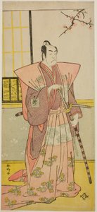 Ichikawa Omezo I. színész mint Koyurugi Motomenosuke () a Haru no Nishiki Date-zome Soga () című darabban, amelyet a Nakamura Színházban () adtak elő 1790 első hónapjában ().