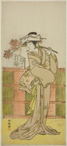 Iwai Hanshiro IV. színész mint Umegae, Omatsu női jövendőmondónak álcázva a Mukashi Otoko Yuki no Hinagata című darabban, amelyet az Ichimura Színházban adtak elő 1781 tizenegyedik hónapjában.