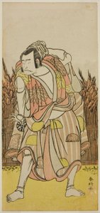 Nakamura Nakazo I. színész mint Hachiman Taro Yoshiie () az Oshu Adachi ga Hara () című darabban, amelyet a Nakamura Színházban () adtak elő 1775 negyedik hónapjában ().