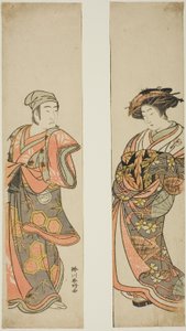 Nakamura Tomijuro I. színész mint kurtizán (jobbra) és Sawamura Sojuro III. színész mint Oyamada Taro (), aki Oyamada falu Tarosaku-jának álcázza magát (balra) az "Azuma no Mori Sakae Kusunoki" című darabban, amelyet az Ichimura Színházban adtak elő 1779 t