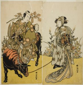 A színészek: Iwai Hanshiro IV mint Okume (jobbra) és Ichikawa Monnosuke II mint Koshiba Yukienojo, aki az Eboshi eladó Rokusaburo-nak álcázta magát (balra), a Katakiuchi Adana Kashiku című darabban, amelyet a Nakamura Színházban adtak elő 1779 hetedik hóna