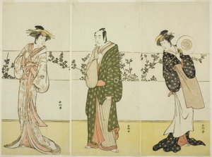 A színészek Osagawa Tsuneyo II (jobbra), Ichikawa Monnosuke II (középen) és Segawa Kikunojo III (balra), valószínűleg mint Misao Gozen, Matsuya Soshichi és a hakatai kurtizán Kojoro, a Chiyo no Hajime Ondo no Seto (Az örökkévalóság kezdetei) című darabban: alkotó: Katsukawa Shunkо̄