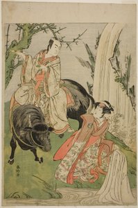 A színészek: Segawa Kikunojo III mint Hatsune hercegnő (Hatsune Hime) (jobbra) és Ichikawa Monnosuke II mint Miyukinosuke Yukinari, az Otokoyama Furisode Genji című darabban, amelyet a Kiri Színházban adtak elő a tizenegyedik hónapban, 1785-ben. alkotó: Katsukawa Shunkо̄