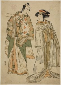A színészek: Segawa Kikunojo III mint Sumizome kurtizán (jobbra) és Ichikawa Monnosuke II mint Goinosuke Yoshimine (balra), a Juni-hitoe Komachi-zakura című darabban, amelyet a Kiri Színházban adtak elő 1784 tizenegyedik hónapjában.