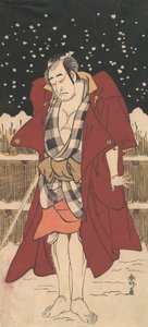 Onoe Matsusuke, mint egy karddal felfegyverzett ember, aki hóban áll a kerítés előtt, 1786. alkotó: Katsukawa Shunko