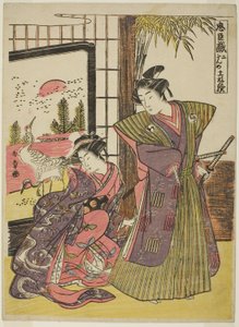 Második felvonás: Kakogawa Honzo háza a Chushingura (A hűséges tartozók kincstára) című darabból, 1779-80 körül (színes fametszet; csubán) alkotó: Katsukawa Shunsho