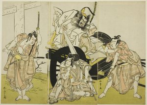 A színészek: Nakajima Mihoemon II mint Fujiwara no Shihei, Ichikawa Ebizô III mint Matsuo-maru, Ichikawa Yaozô II mint Sakura-maru és Ichimura Uzaemon IX mint Umeo-maru a "Sugawara kalligrafikus titkai" ("Sugawara denju tenarai kagami") című filmben. alkotó: Katsukawa Shunsho