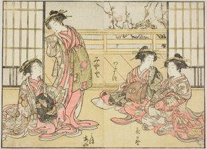 A Kadotamaya udvarhölgyei, a "Gyönyörű nők tükre az örömnegyedben (Seiro bijin awase sugata kagami)" című könyvből. 1 alkotó: Katsukawa Shunsho