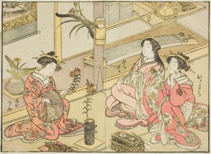 A Kadotsutaya udvarhölgyei, a "Gyönyörű nők tükre az örömnegyedben (Seiro bijin awase sugata kagami)" című könyvből. 1 alkotó: Katsukawa Shunsho