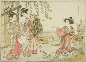 A Kadotsutaya udvarhölgyei, a "Gyönyörű nők tükre az örömnegyedben (Seiro bijin awase sugata kagami)" című könyvből. 1 alkotó: Katsukawa Shunsho