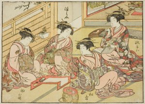 A Matsubaya udvarhölgyei, a "Gyönyörű nők tükre az örömnegyedben (Seiro bijin awase sugata kagami)" című könyvből. 1 alkotó: Katsukawa Shunsho