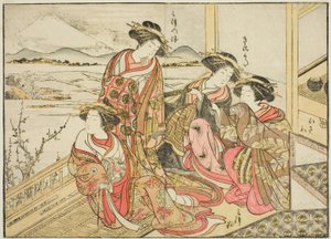 Az Obishiya udvarhölgyei, a "Gyönyörű nők tükre az örömnegyedben (Seiro bijin awase sugata kagami)" című könyvből. 2 alkotó: Katsukawa Shunsho