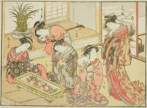 A Wakanaya udvarhölgyei, a "Gyönyörű nők tükre az örömnegyedből (Seiro bijin awase sugata kagami)" című könyvből. 1 alkotó: Katsukawa Shunsho
