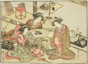 A Yamashiroya udvarhölgyei, a "Gyönyörű nők tükre az örömnegyedben (Seiro bijin awase sugata kagami)" című könyvből. 2 alkotó: Katsukawa Shunsho