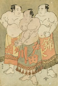 Nishikigi, Todagawa és Iwagaseki birkózók teljes hosszúságú portréi, akik bemutatkoznak a Ringben (színes fatömbnyomat) alkotó: Katsukawa Shunsho