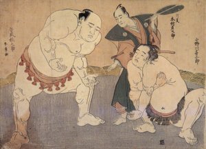 Onagawa Kisaburo és Tanikaze Kajinosuke a Shiriki-t mutatja be a Dohyo-ban, bíró: Kimura Shonosuke alkotó: Katsukawa Shunsho