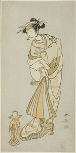 A színész Ichikawa Danjuro V, mint Seigen szerzetes szelleme a Shosagoto táncsorozatban, a "Sono Utsushi-e Matsu ni Kaede" (Fenyő és juhar árnyékképe), a Keisei Momiji no Uchikake című darab második részének utolsó jelenete. Courtesan over-kimonóban alkotó: Katsukawa Shunsho