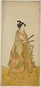 II. Ichikawa Monnosuke színész Kichisaburo szerepében, Kicsidzsi templomoldala a Sono Kyodai Fuji no Sugatami című darabban, amelyet a Morita Színházban mutattak be a második hónapban, 1776 alkotó: Katsukawa Shunsho