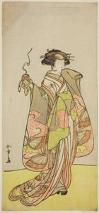 II. Ichikawa Monnosuke színész Kewaizaka no Shosho udvarhölgye a Sono Kyodai Fuji no Sugatami című darabban, amelyet a Morita Színházban mutattak be az első hónapban, 1776 alkotó: Katsukawa Shunsho
