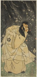 A színész Ichimura Uzaemon IX Kan Shojo szerepében a Sugawara Denju Tenarai Kagami című darabban, amelyet az Ichimura Színházban mutattak be a nyolcadik hónapban, 1768 alkotó: Katsukawa Shunsho