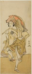 A színész Nakamura Nakazo I, mint Onmaya Kisanda Kakubei oroszlántáncosnak álcázva a Chigo Torii Tobiiri Kitsune című darabban, amelyet az Ichimura Színházban mutattak be a tizenegyedik hónapban, 1777 alkotó: Katsukawa Shunsho