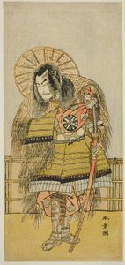 Nakamura Nakazo I Takechi Jubei Mitsuhide szerepében a Shusse Taiheiki című darabban, amelyet a Nakamura Színházban adnak elő a nyolcadik hónapban, alkotó: Katsukawa Shunsho