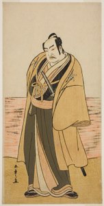Nakamura Sukegoro II Kaminari Shokuro szerepében a Hatsumombi Kuruwa Soga című darabban, amelyet a Nakamura Színházban adtak elő a második hónapban, alkotó: Katsukawa Shunsho
