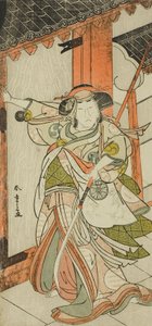 A színész, Nakamura Tomijuro I. Hangaku Gozen betöri a kaput a Wada-gassen Onna Maizuru (A Wada-konfliktus: Egy nő maizuru) című darabban, a Nakamura Színházban a hetedik hónap huszonötödik napjától alkotó: Katsukawa Shunsho