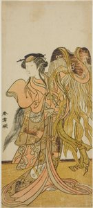 A színész, Nakamura Tomijuro I. Tsuruga udvarhölgyeként a Keisei Tsuki no Miyako című darabban, a Morita Színházban a nyolcadik hónapban, 1775 alkotó: Katsukawa Shunsho