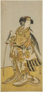 A színész, Onoe Tamizo I Kureha (?) szerepében a Shusse Taiheiki (?) című darabban, a Nakamura Színházban (?) a Nyolcadik Hónapban, 1775 (?) alkotó: Katsukawa Shunsho