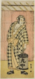 Otani Hiroji III Maruya Gorohachi szerepében a Kotobuki Banzei Soga című darabban, amelyet az Ichimura Színházban mutattak be az ötödik hónapban, alkotó: Katsukawa Shunsho