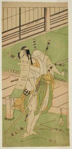 A színész Otani Hiroji III fehér rókaként Ukishima Daihachinak álcázva a Shinasadame Soma no Mombi című darabban, amelyet az Ichimura Színházban mutattak be a hetedik hónapban, 1770 alkotó: Katsukawa Shunsho