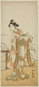 A színész Segawa Kikunojo III, mint Aigo no Waka a Chigo Sakura Jusan Kane című darabban, az Ichimura Színházban a tizenegyedik hónapban, 1774 alkotó: Katsukawa Shunsho