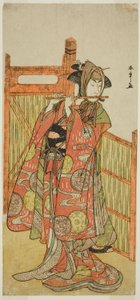 A színész Segawa Kikunojo III, mint Kojoro-gitsune A virágárus Okikunak álcázott Mure Takamatsu Yuki no Shirahata című darabban, az Ichimura Színházban a tizenegyedik hónapban, 1780 alkotó: Katsukawa Shunsho