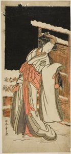 A színész Segawa Kikunojo III, mint Lady Shizuka (Shizkua Gozen) Tamazusának álcázva a Chigo Torii Tobiiri Kitsune című darabban, amelyet az Ichimura Színházban mutattak be a tizenegyedik hónapban, 1777 alkotó: Katsukawa Shunsho