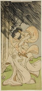 Yamashita Kinsaku II. mennydörgés istennőként az Onna Narukami című darabban, amelyet a Morita Színházban mutattak be az első hónapban, 1770 alkotó: Katsukawa Shunsho