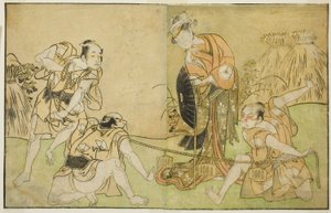 A színészek Bando Zenji I mint Nagahashi Saburo, Iwai Hanshiro IV mint Otatsu-gitsune, Nakamura Konozo mint Hagai Ujitsune és egy azonosítatlan színész (jobbról balra), a Nue no Mori Ichiyo no Mato című darabban, a Nakamura Színházban adták elő Tizenegyedi alkotó: Katsukawa Shunsho