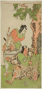 A színészek Ichikawa Danzo III, mint I no Hayata Tadazumi (jobbra), és Matsumoto Koshiro II, mint Osada no Taro Kagemune, Yatsurugi Zaemonnak álcázva (balra), a Nue no Mori Ichiyo no Mato című darabban, amelyet a Nakamura Színházban mutattak be a tizenegye alkotó: Katsukawa Shunsho