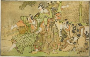 A színészek Ichikawa Komazo II mint Minamoto no Yorimasa (jobbra), Matsumoto Koshiro II mint Osada no Taro Kagemune, Yatsurugi Zaemonnak álcázott (középen), és Ichikawa Danzo III mint I no Hayata Tadazumi (balra), A színdarabban Nue no Mori Ichiyo no Mato, alkotó: Katsukawa Shunsho