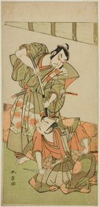 A színészek Ichikawa Yaozo II, mint Konoshita Hyokichi (?) (jobbra), és Sakata Hangoro II mint Matsunaga Daizen Hisahide (?) (balra), a Gion Sairei Shinko Ki (?) című darabban, az Ichimura Színházban (?) Ötödik hónap, 1775 (?) alkotó: Katsukawa Shunsho